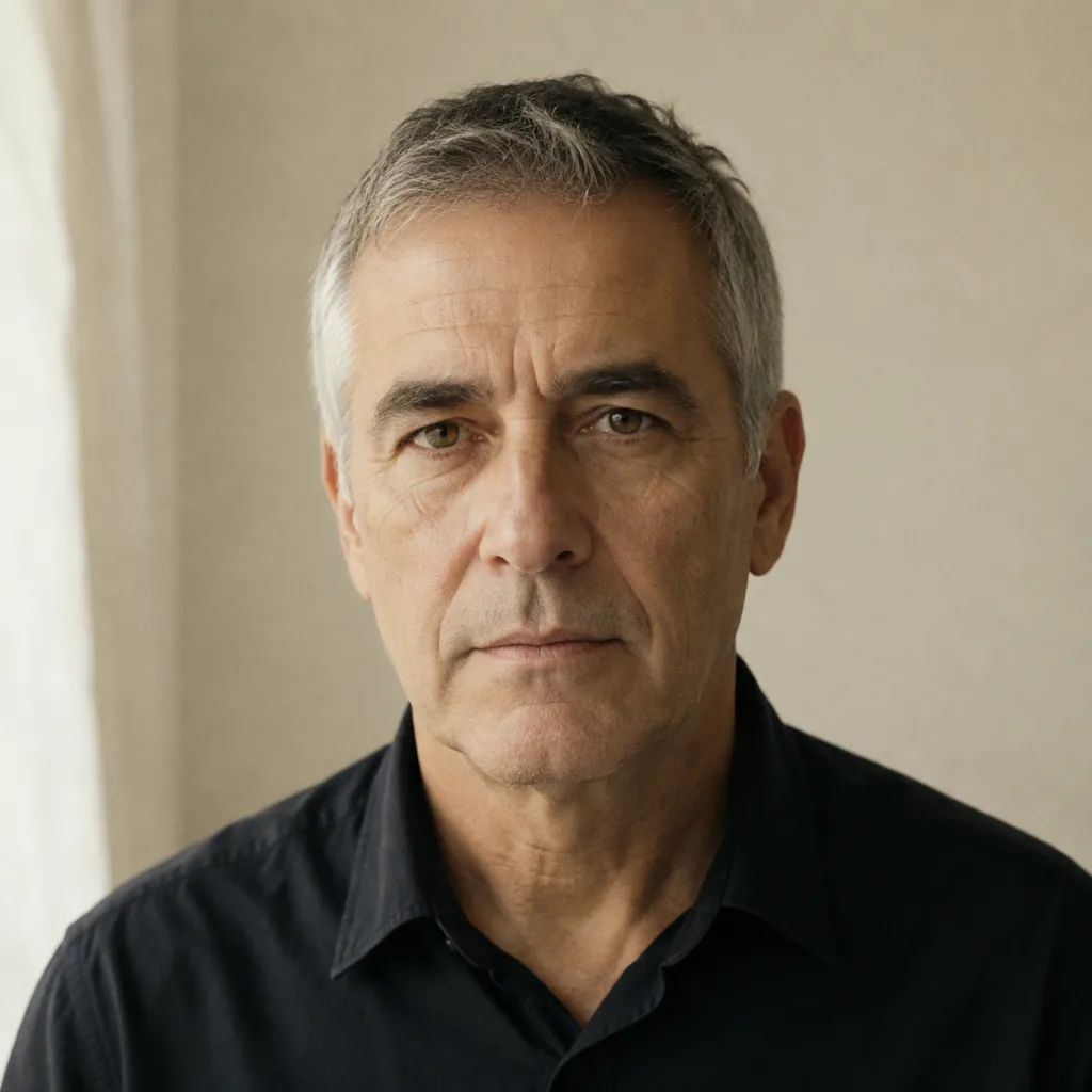 Portrait de Ferréol Bonnevialle, homme aux cheveux gris courts en chemise sombre, sur fond papier clair