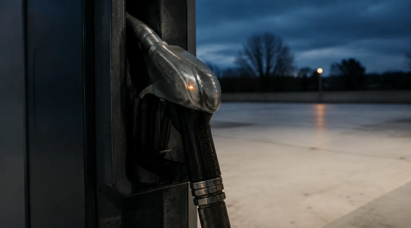 Pistolet de distribution de carburant reposant dans son support sur une station déserte, à la tombée du jour