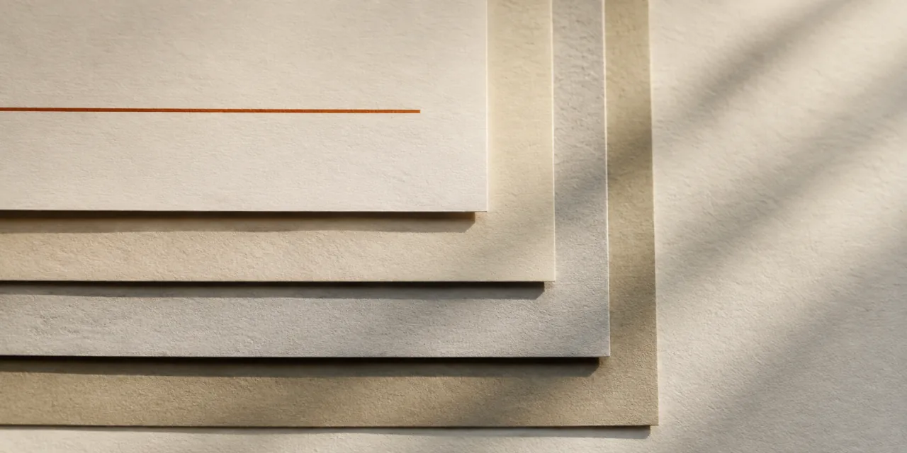 Quatre feuilles de papier empilées en décalé, la première portant un unique trait ambre, en lumière rasante