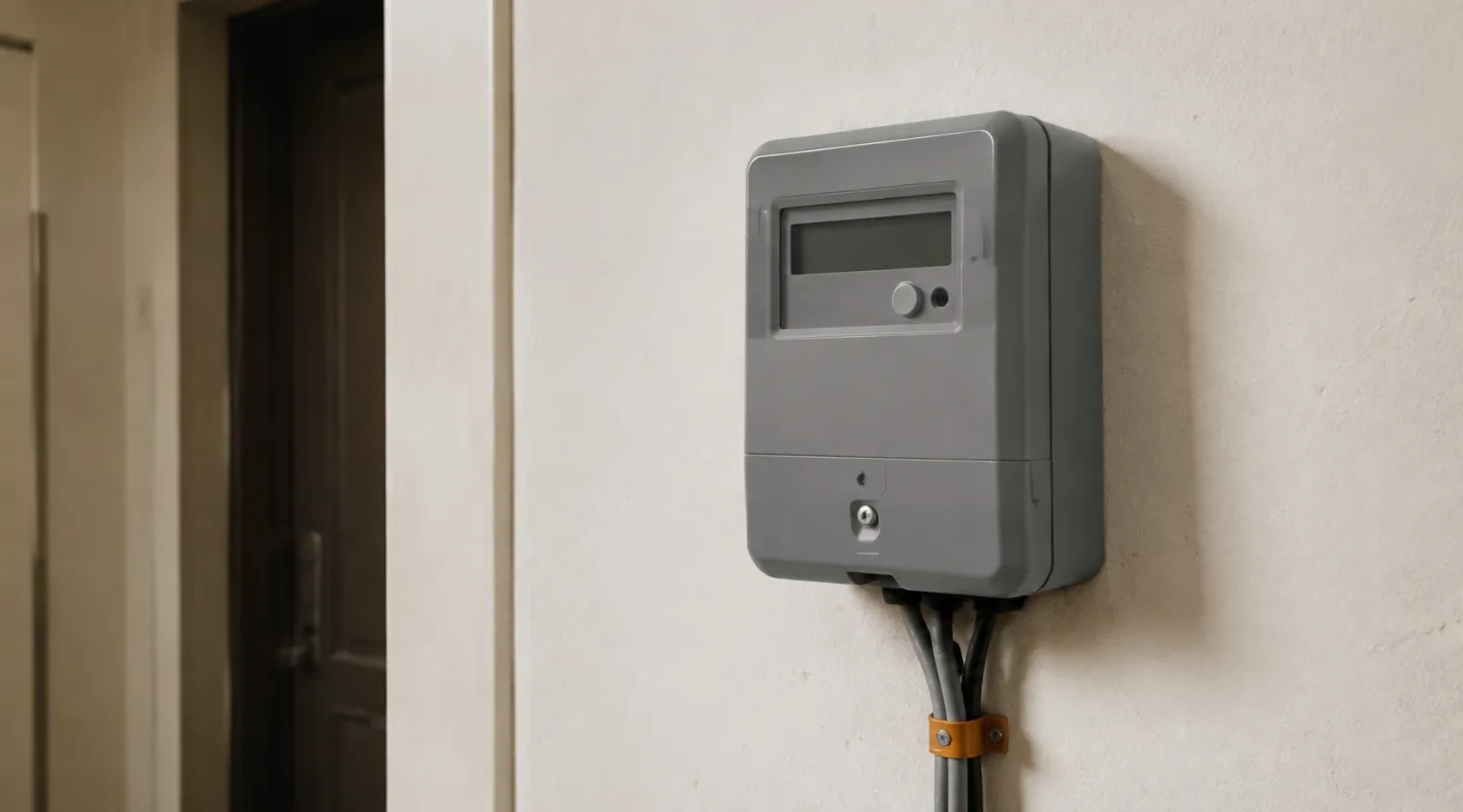 Compteur électrique domestique gris fixé au mur d’un couloir, afficheur éteint, câbles retenus par un collier ambre