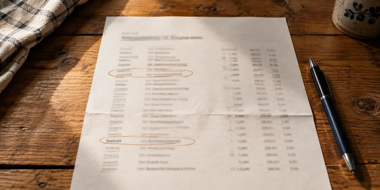 Feuillet imprimé posé sur une table en bois, lignes floues et illisibles, deux d’entre elles entourées au crayon ambre, un stylo à côté