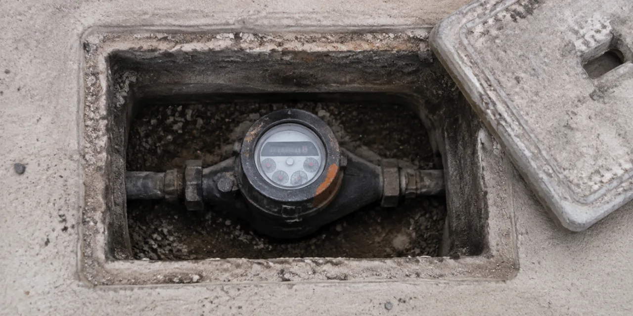 Compteur d’eau au fond d’un regard en béton ouvert, couvercle basculé sur le côté, gravier et poussière autour