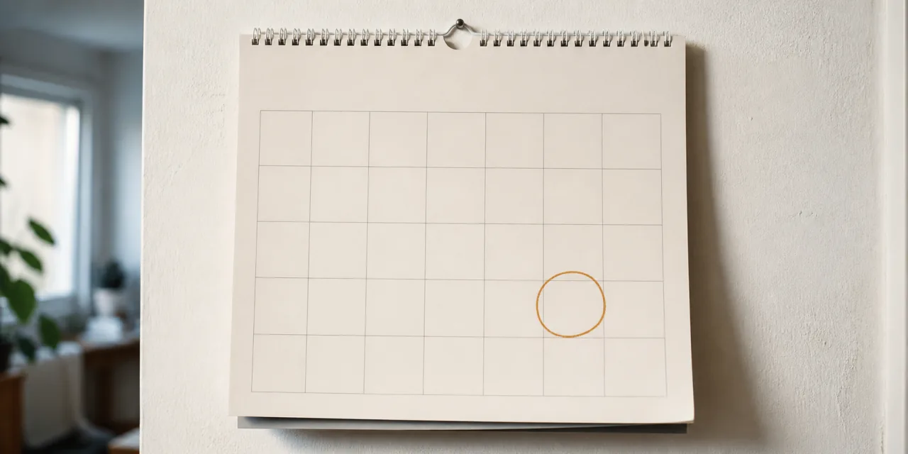 Calendrier mural à spirale dont la grille est entièrement vierge, une seule case entourée au crayon ambre