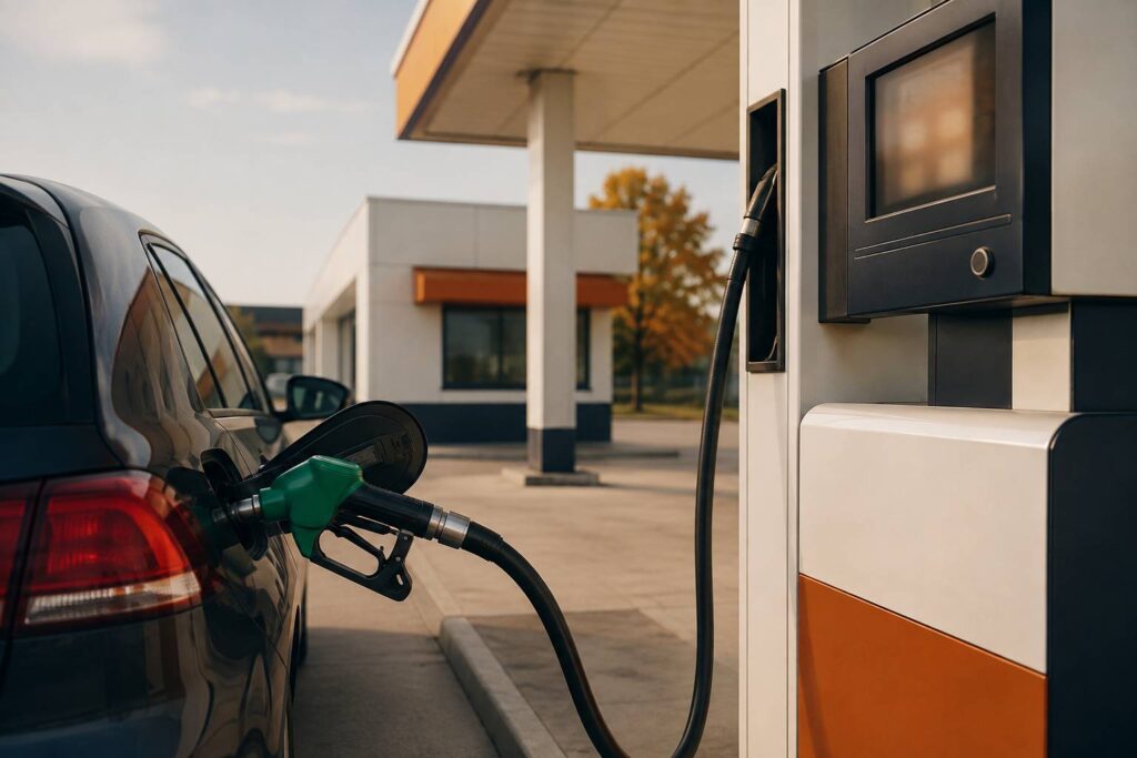 Pompe E85 générique verte avec une voiture en ravitaillement