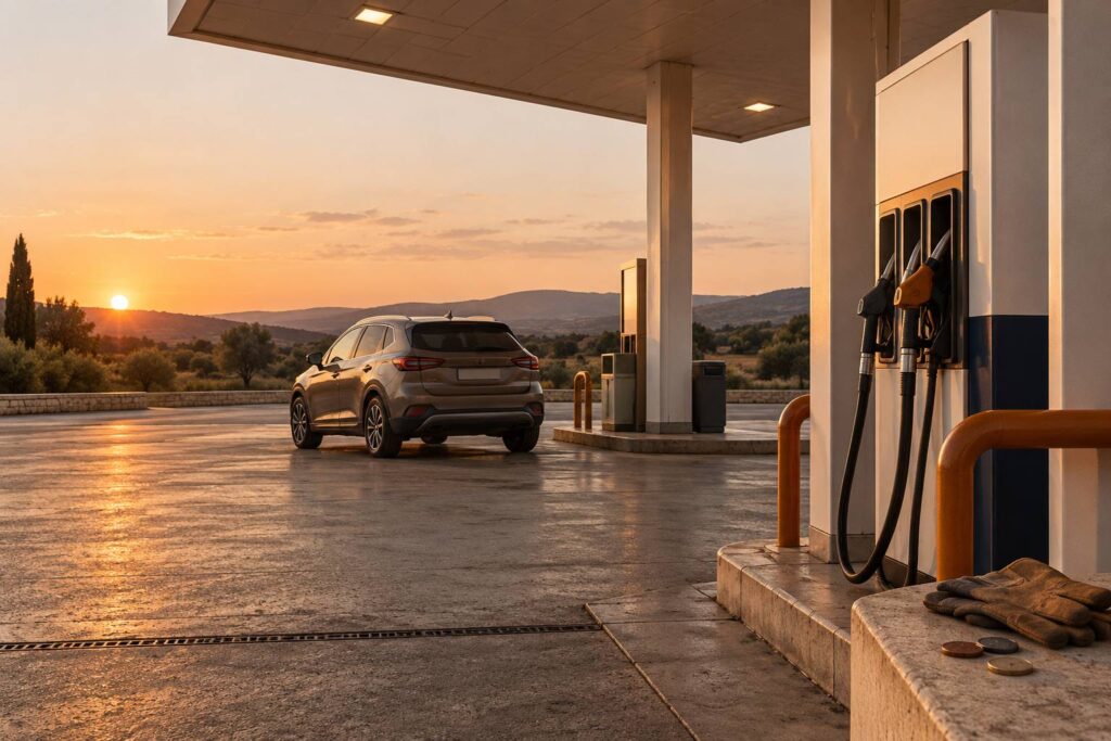 Pistolet de carburant sur support a une station-service sobre