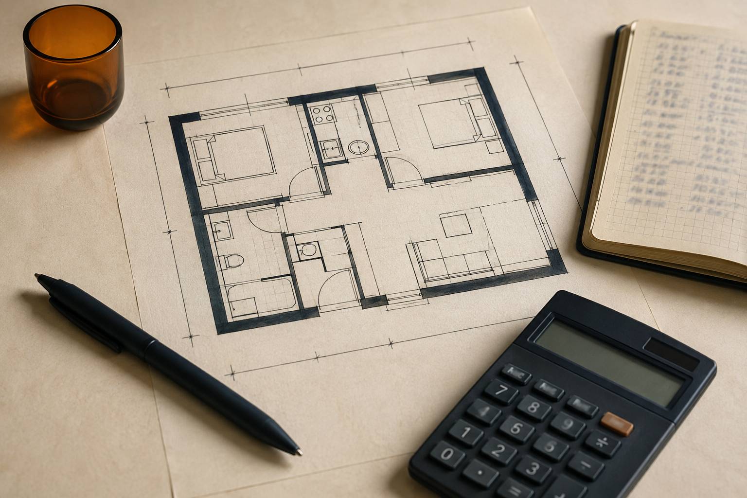 Plan de logement au trait avec calculette et carnet de chiffres flous