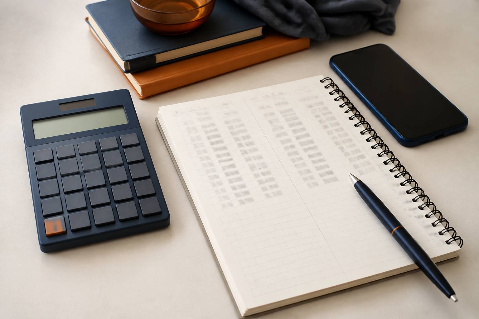 Calculette et bloc-notes de chiffres flous près d'un smartphone éteint