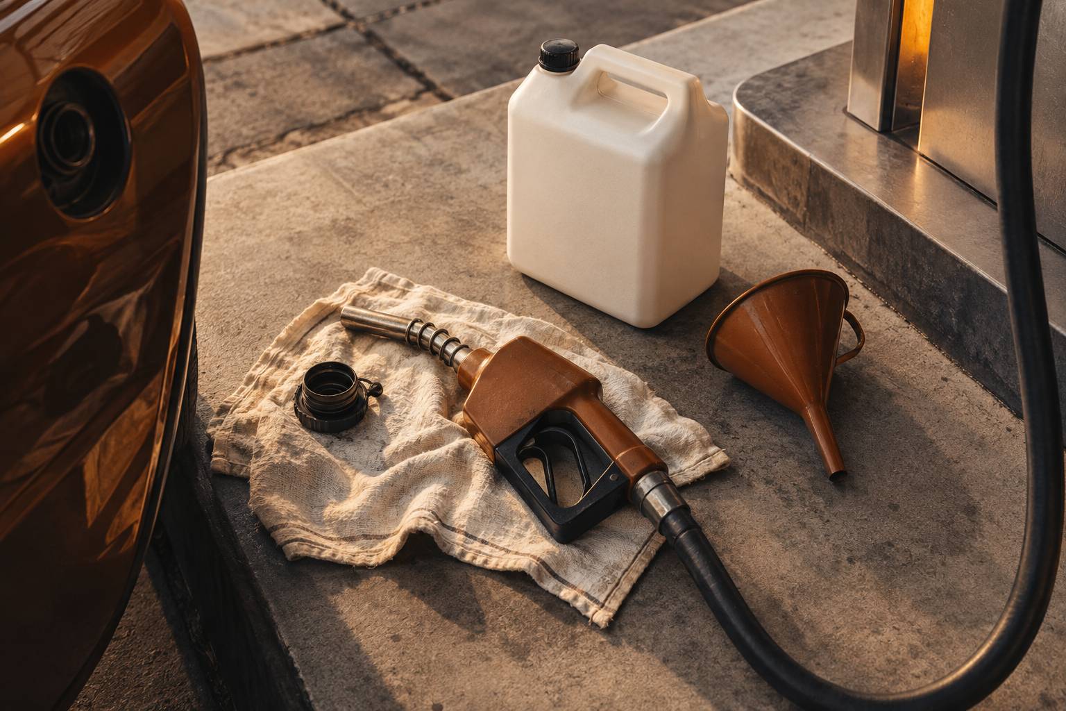 Bouchon de reservoir, pistolet de carburant et bidon poses sur un chiffon