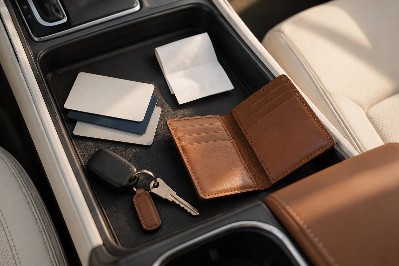 Cartes de paiement neutres et porte-cartes dans un vide-poche de voiture