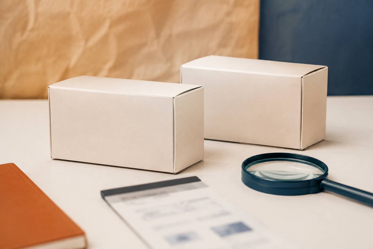 Deux produits sans marque comparés à la loupe avec une étiquette floue