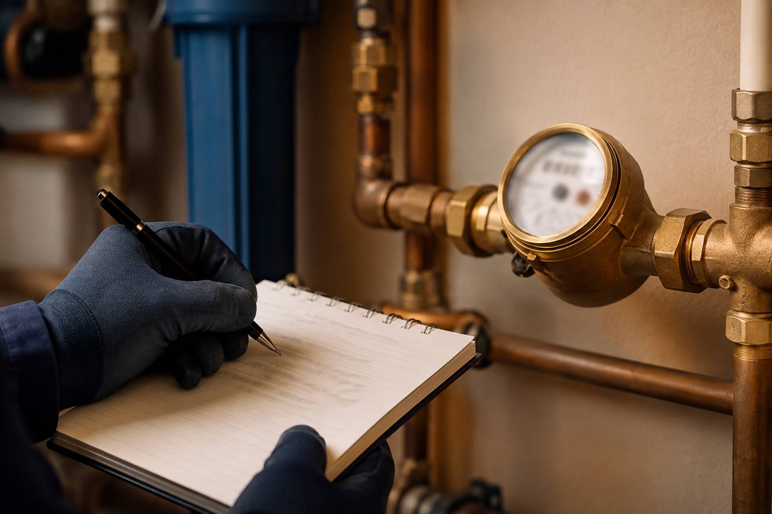 Compteur d'eau avec cadran flou relevé par une main gantée sur un carnet