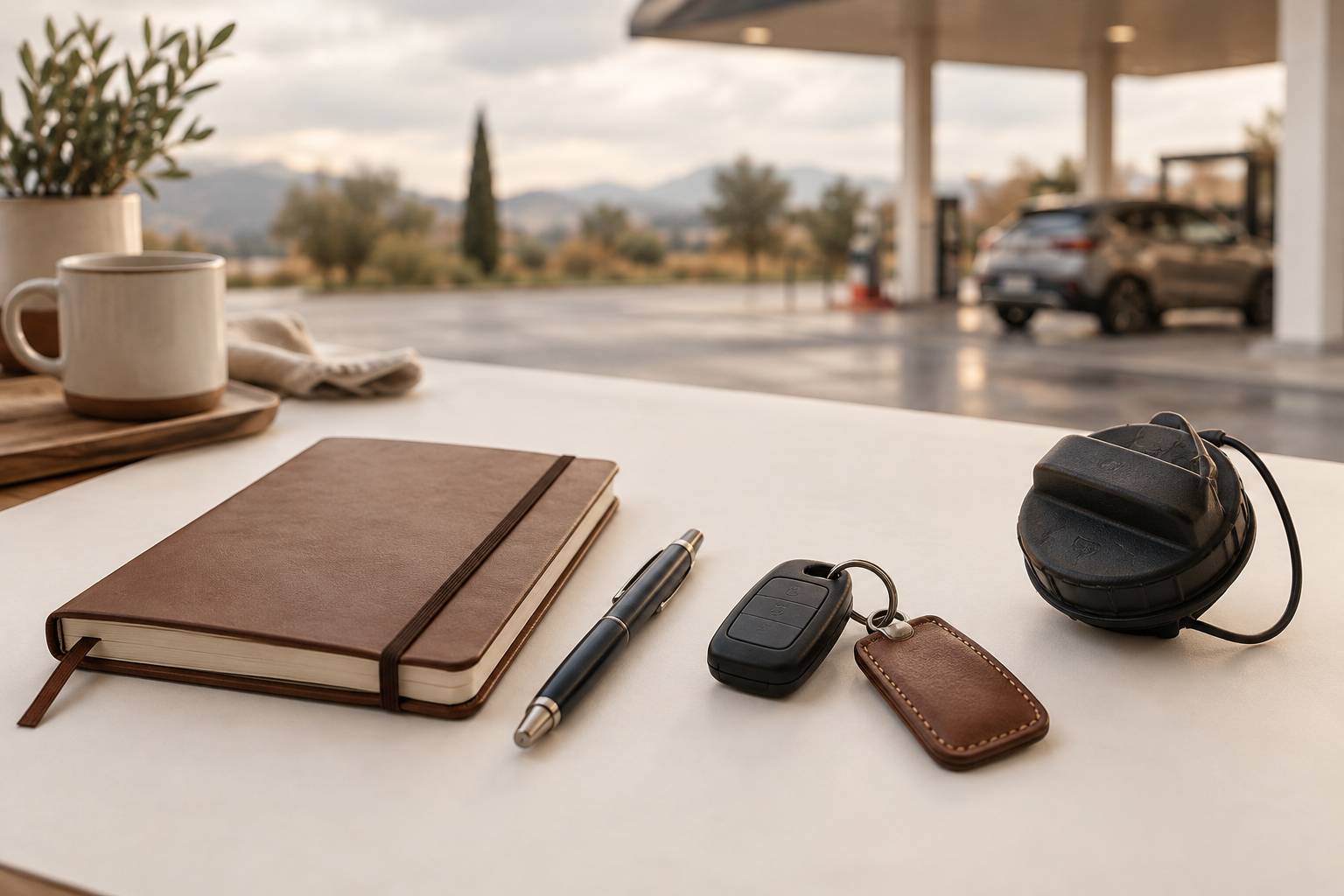 Carnet ferme et porte-cles de voiture sur un plan de travail clair