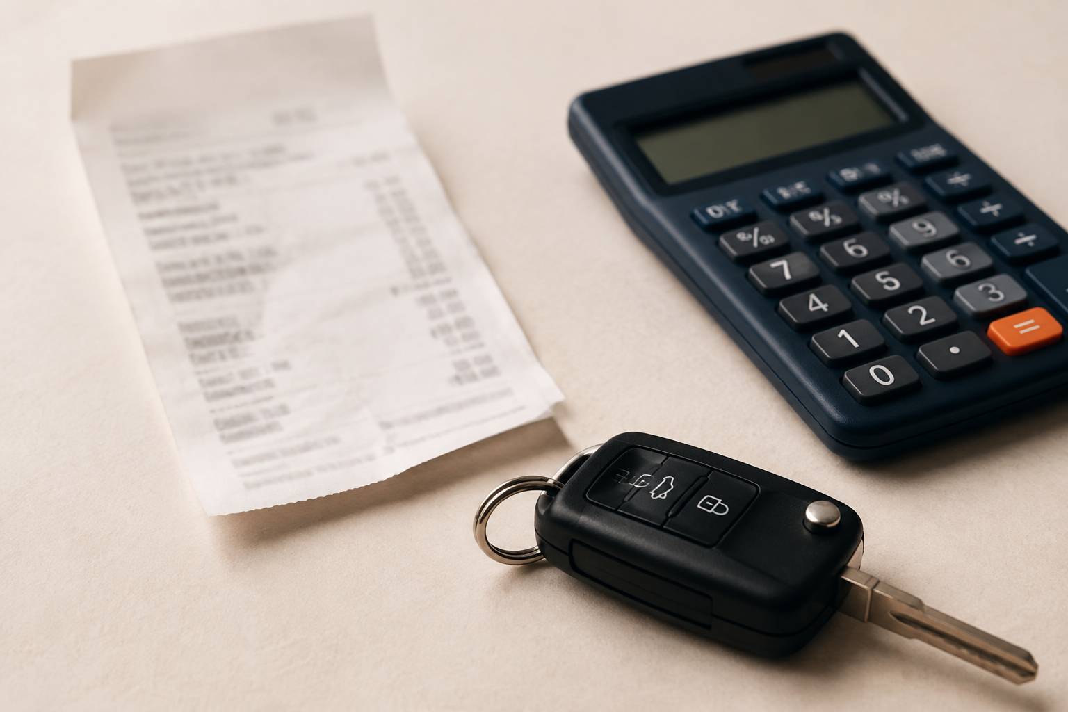 Ticket de caisse flou avec calculette et clé de voiture générique