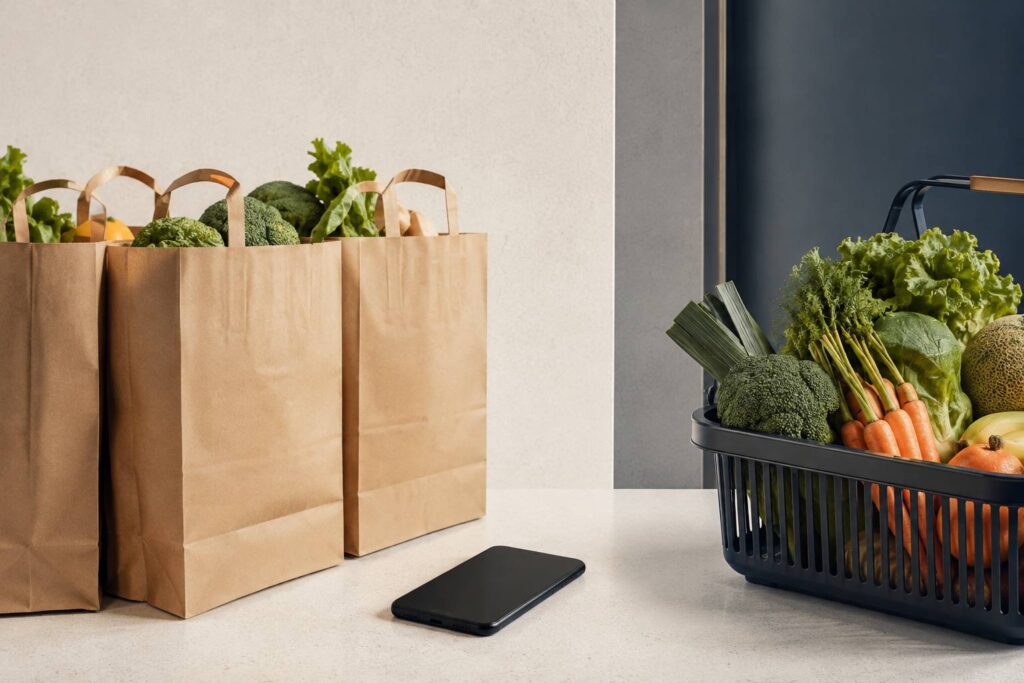 Sacs de courses en papier avec produits frais et smartphone à écran éteint
