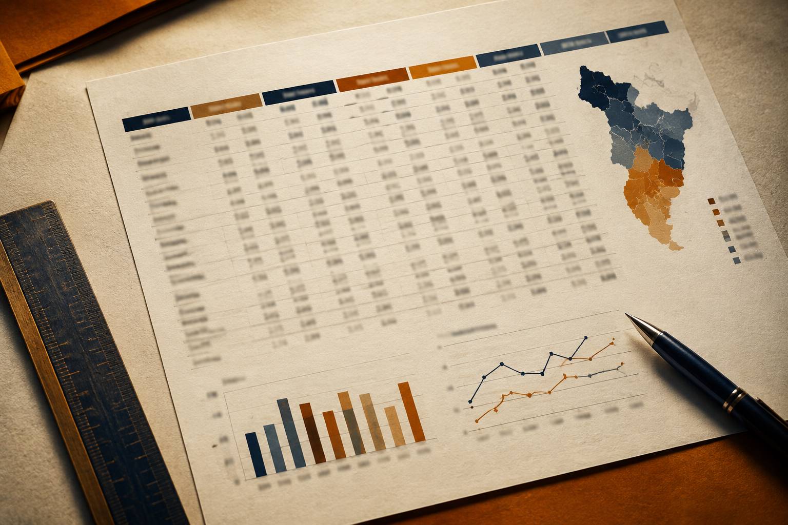 Tableau de relevés de prix aux colonnes floues avec stylo et règle