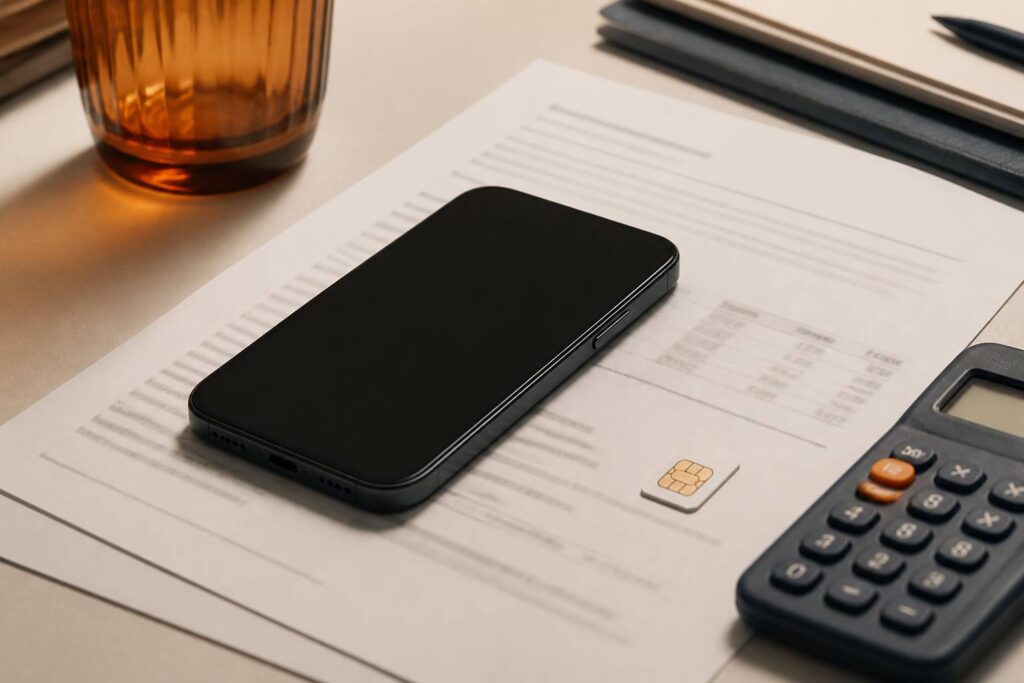 Smartphone générique posé sur un contrat de forfait flou avec carte SIM