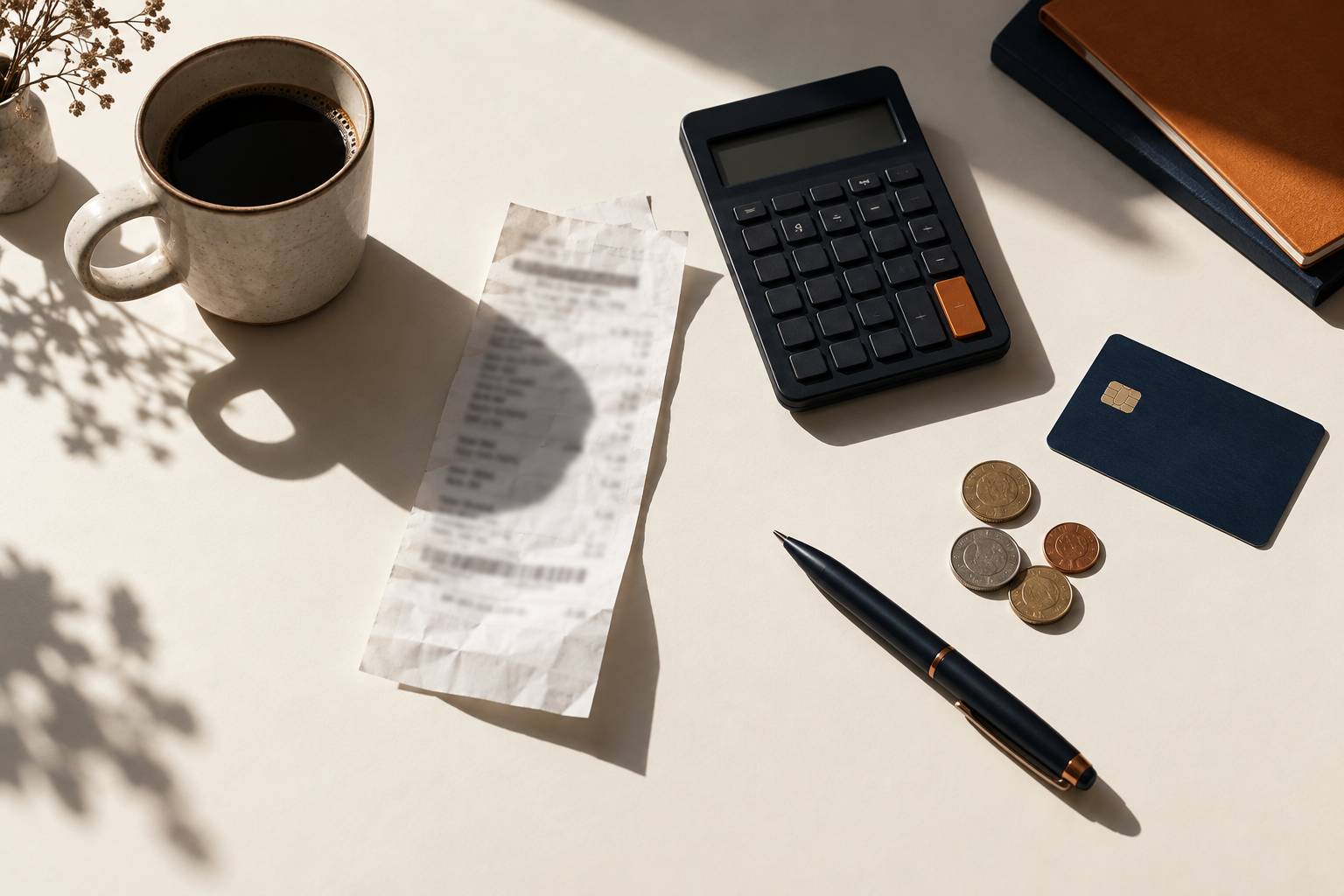 Gros plan sur un reçu de carburant, une calculatrice et un stylo sur un bureau