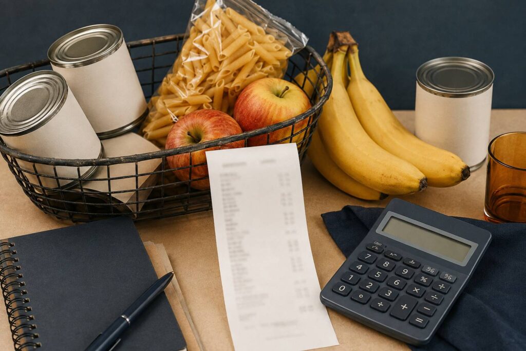 Ticket de caisse flou près d'un panier de produits alimentaires de base