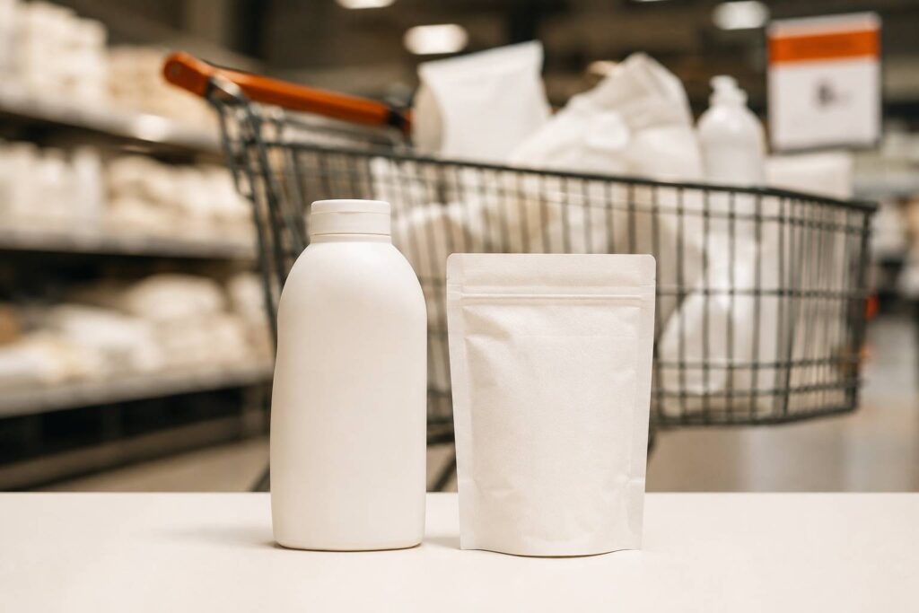 Produits génériques sans marque comparés dans un caddie de supermarché