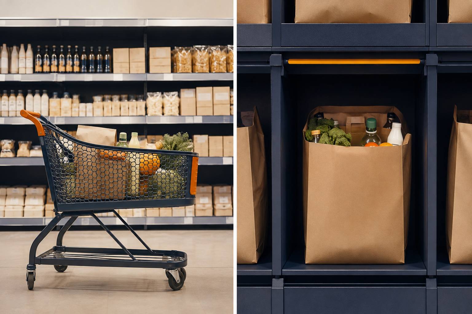Même panier de produits en caddie et en retrait drive sur fond clair