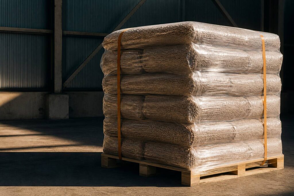 Palette de sacs de granulés de bois neutres filmée dans un hangar sec