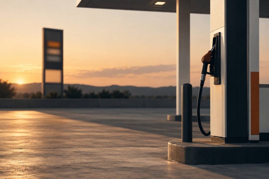 Pistolet de pompe à carburant posé sur son support à une station-service