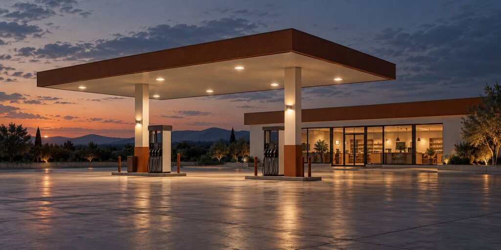 Station-service sobre sous un auvent au crepuscule