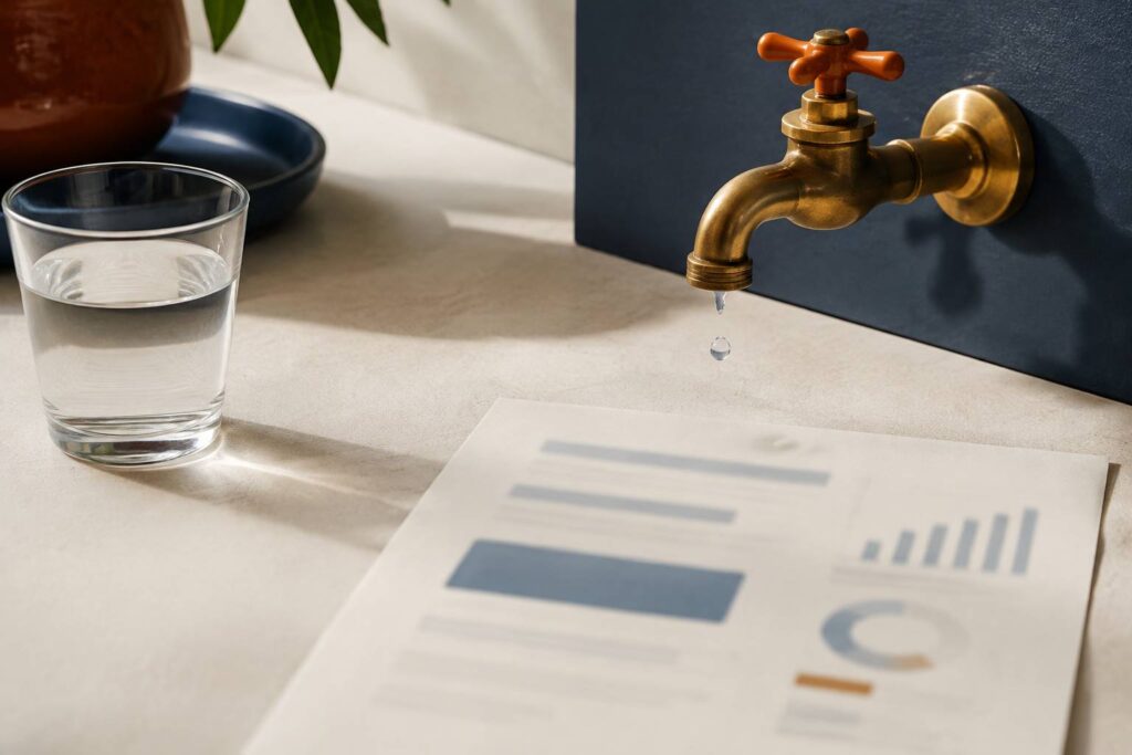 Facture d'eau floue près d'un verre d'eau et d'un robinet en laiton