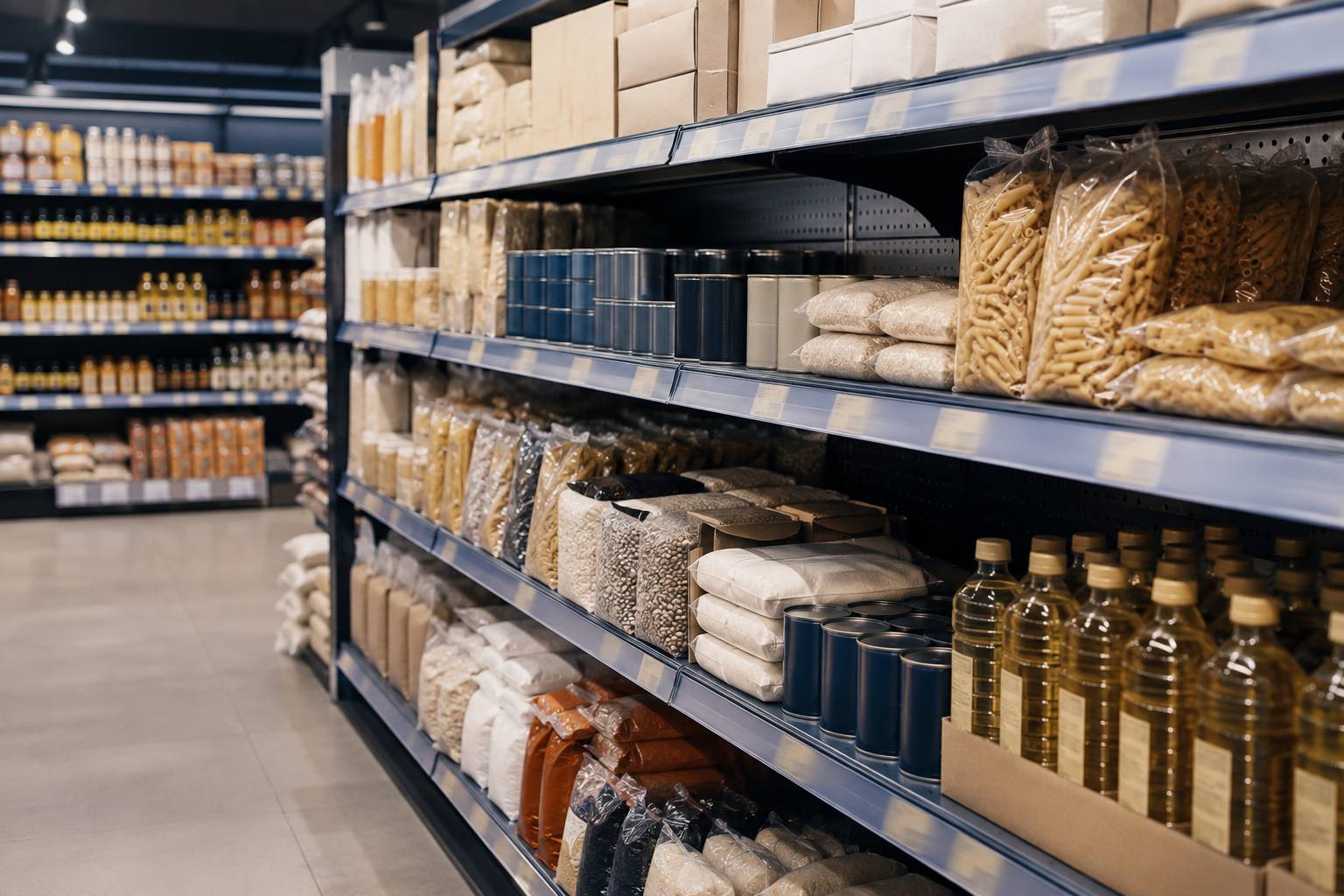 Rayon de supermarché avec des produits de première nécessité sans marque
