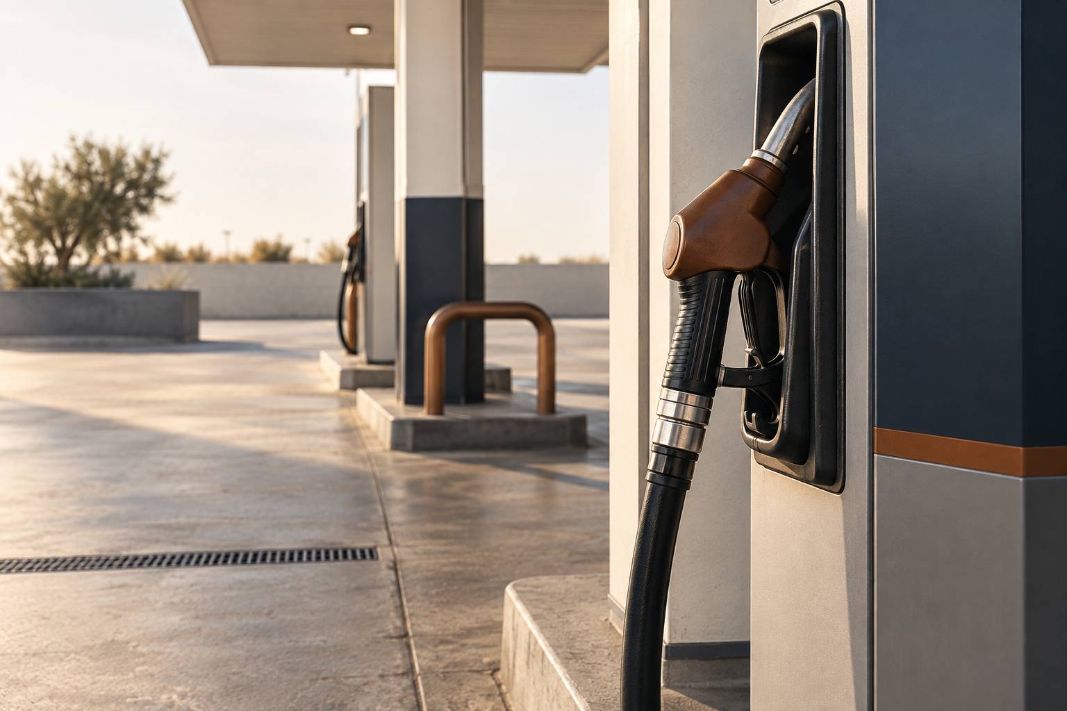 Pistolet de carburant generique pose sur son support de pompe dans une station-service