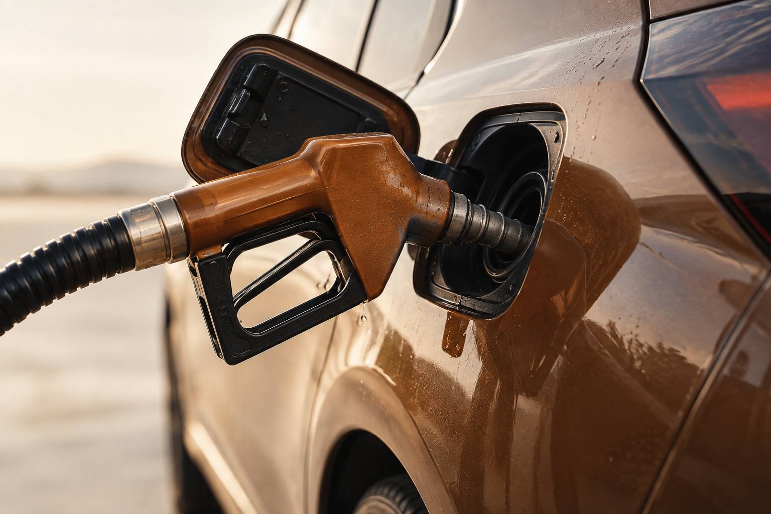 Pistolet de carburant dans la goulotte d'un véhicule neutre avec reflets