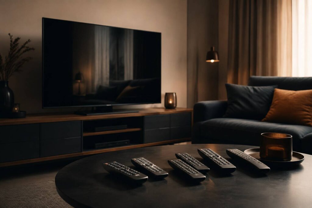Télévision éteinte avec plusieurs télécommandes sur une table basse