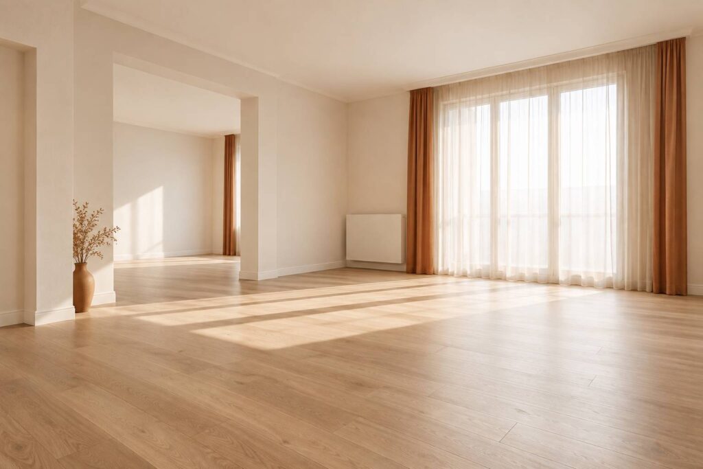 Piece de logement vide et lumineuse avec radiateur neutre, logement inoccupe