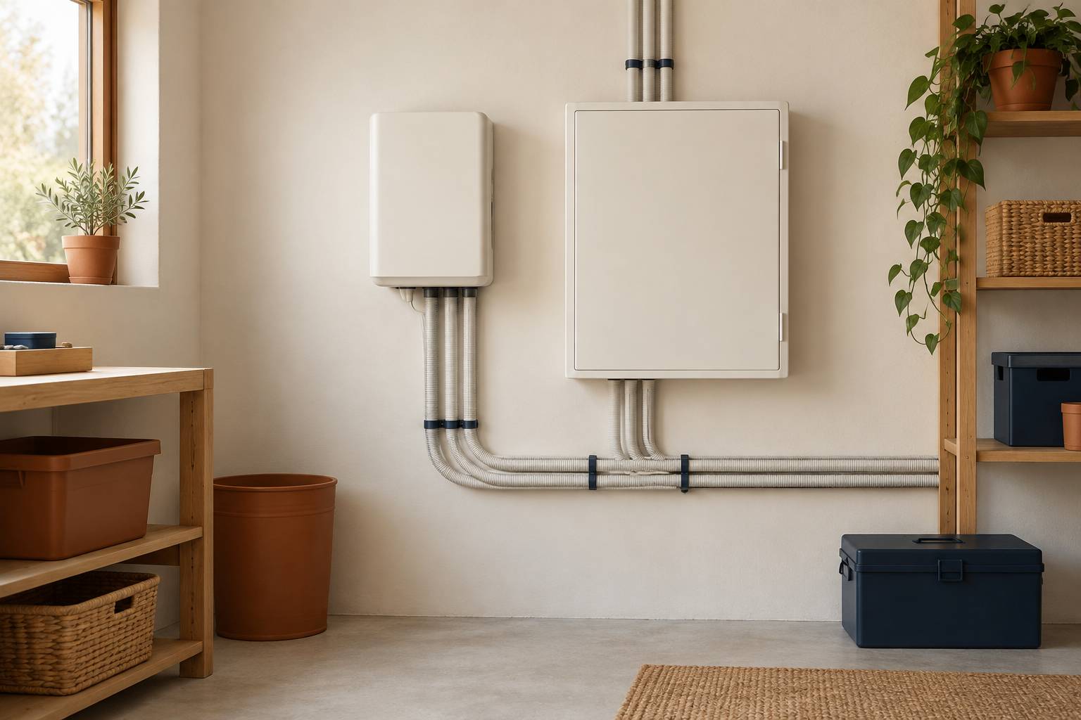 Compteur electrique generique et tableau de disjoncteurs dans un local technique sobre