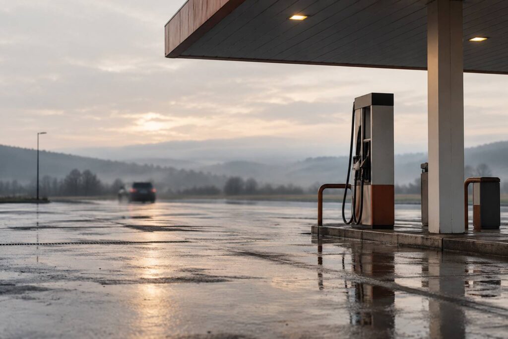 Pompe a carburant sobre dans une station-service au petit matin