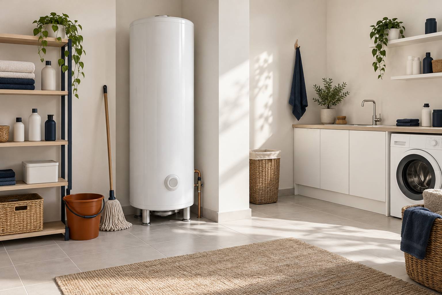Buanderie claire avec chauffe-eau électrique vertical et étagère