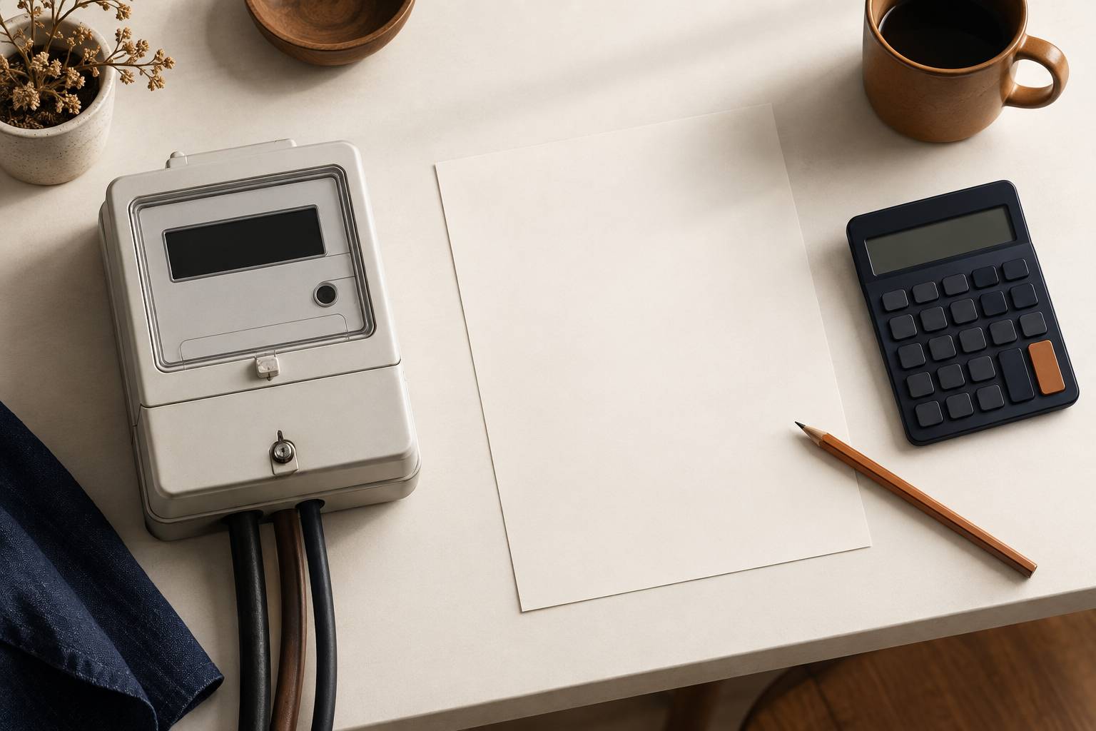 Compteur electrique neutre et feuille vierge sur un plan de travail