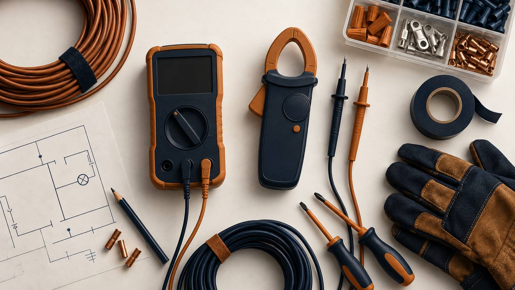 Appareil de mesure electrique, pinces et cables sur un etabli