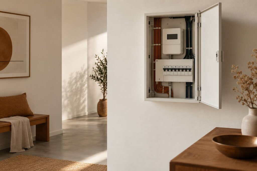 Tableau électrique générique et compteur abstrait dans un intérieur sobre