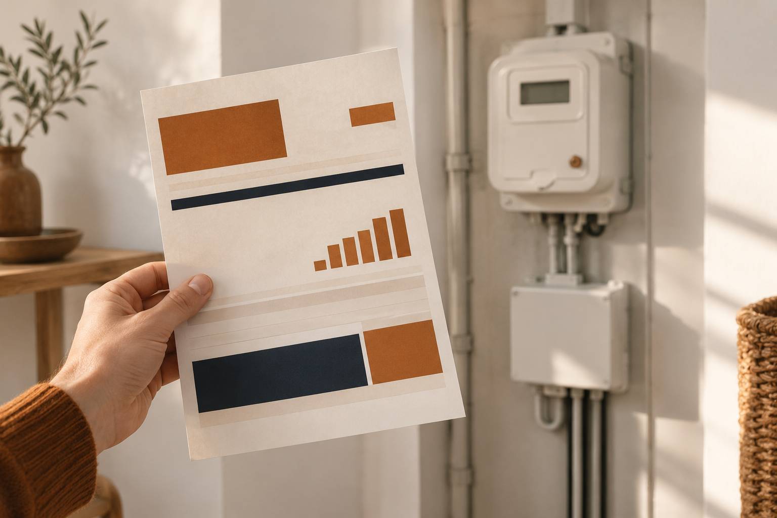 Main anonyme tenant une facture d'énergie abstraite près d'un compteur électrique