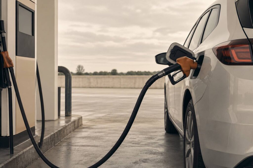 Pistolet de carburant dans la trappe d'une voiture neutre en station-service