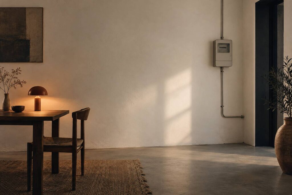 Compteur électrique neutre sur un mur clair d'intérieur